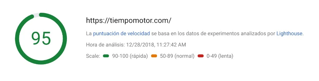 Lighthouse performance score of 95 for tiempomotor.com, December 2018