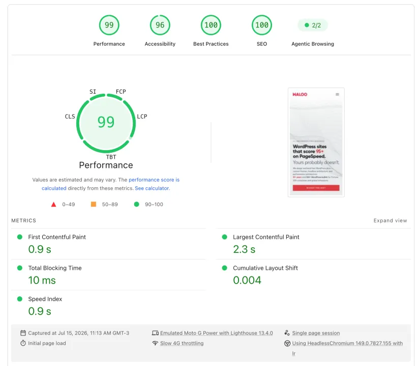 PageSpeed Insights mobile report showing performance 99 for waloo.co