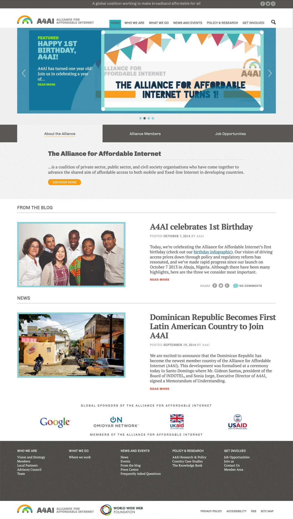 Alliance for Affordable Internet homepage — hero carousel, about tabs, blog, news, and sponsor logos