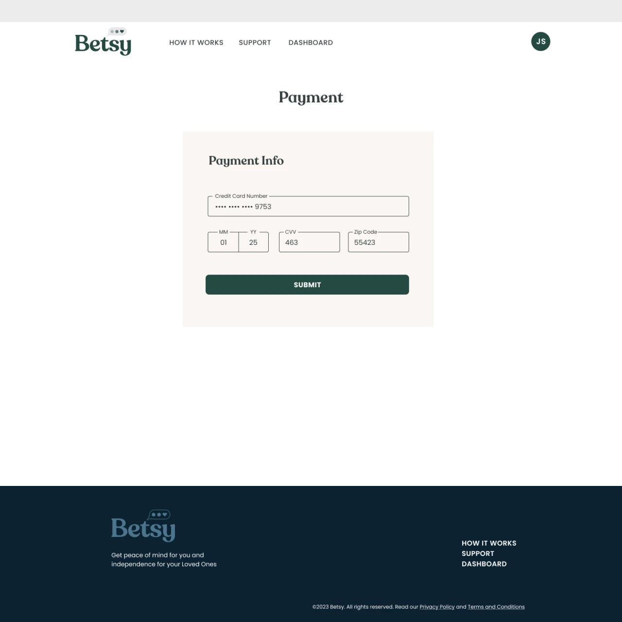 Betsy Edit Payment — update Stripe payment method