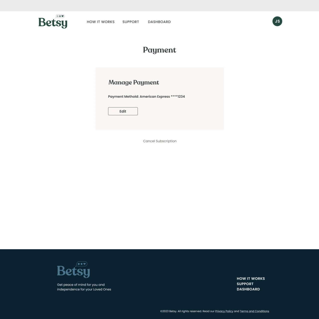 Betsy Payment — subscription payment details