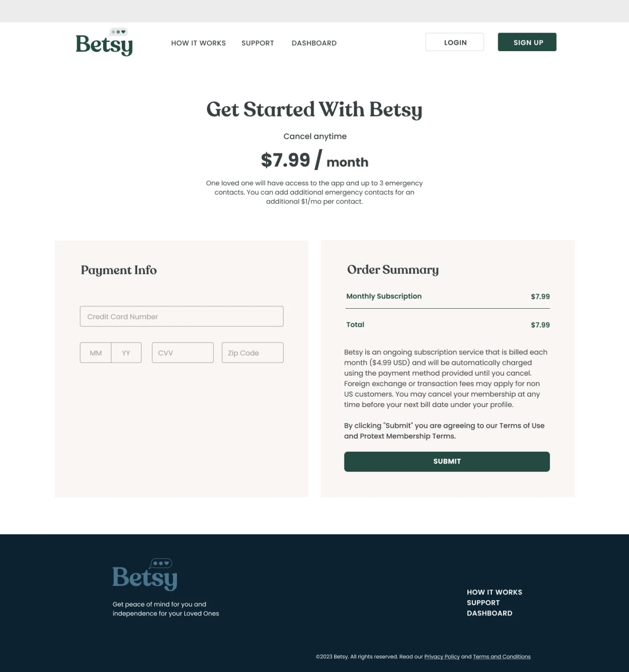 Betsy Sign Up Payment — Stripe checkout during registration