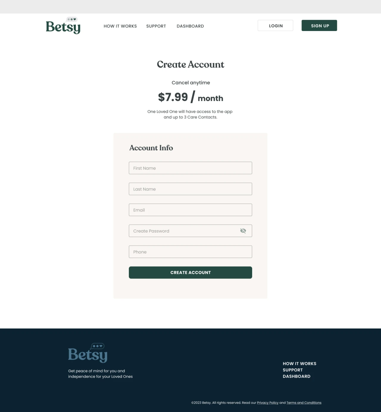 Betsy Sign Up — create account for subscription