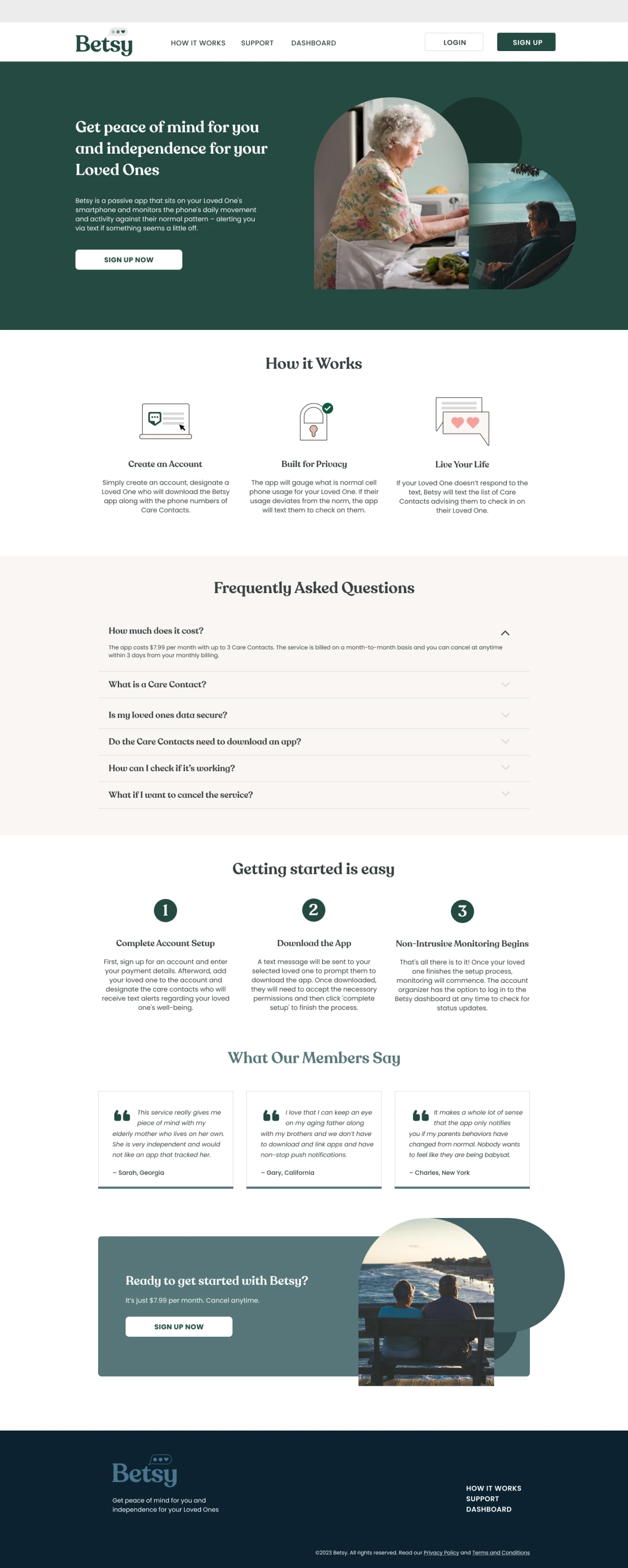 Betsy homepage — elder-care marketing hero and product highlights
