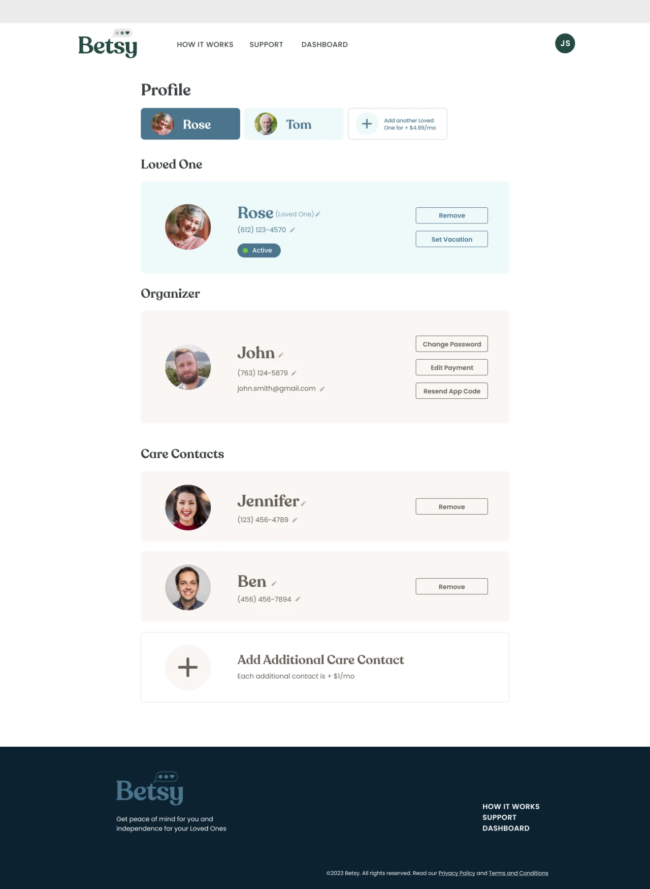 Betsy My Profile — account settings