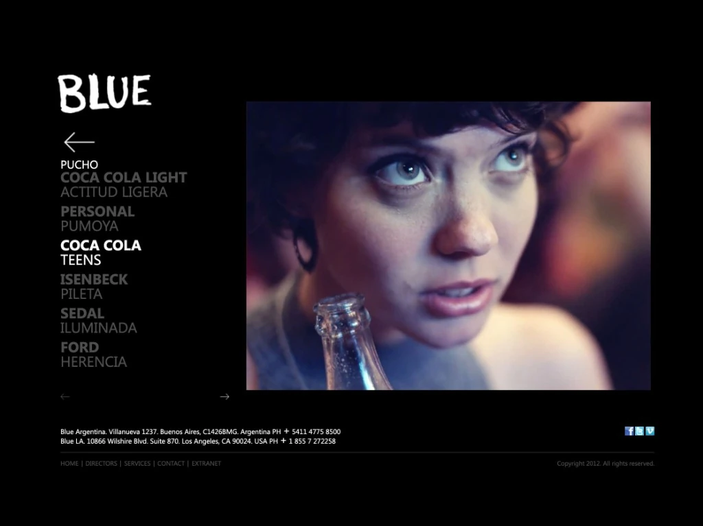 Blue Productora contact — form, Buenos Aires and LA offices, social links