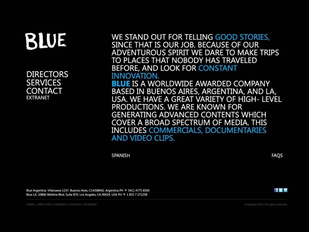 Blue Productora homepage — manifesto, directors, services, and contact navigation