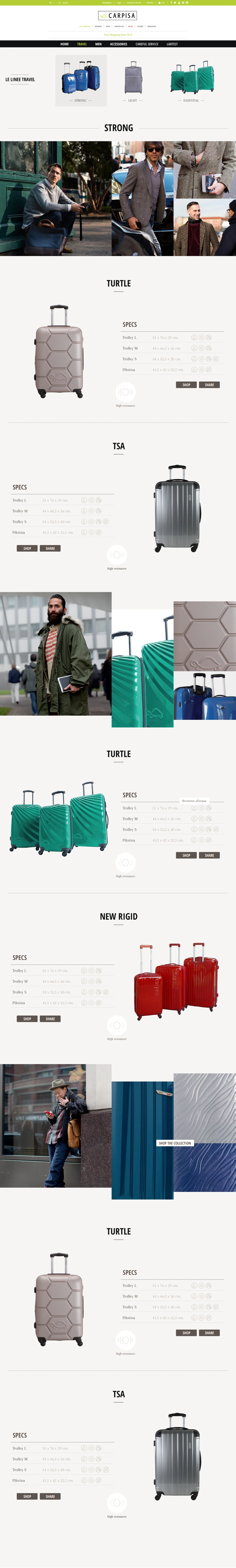 Carpisa desktop homepage — Travel, Men, Accessories with product carousels