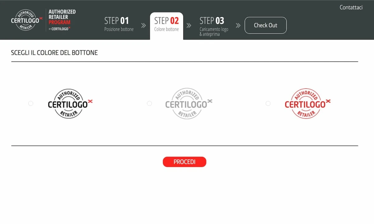 Certilogo wireframe step 2 — choose seal color (black, grey, or red)