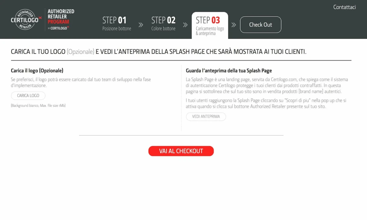 Certilogo wireframe step 3 — optional logo upload and splash page preview