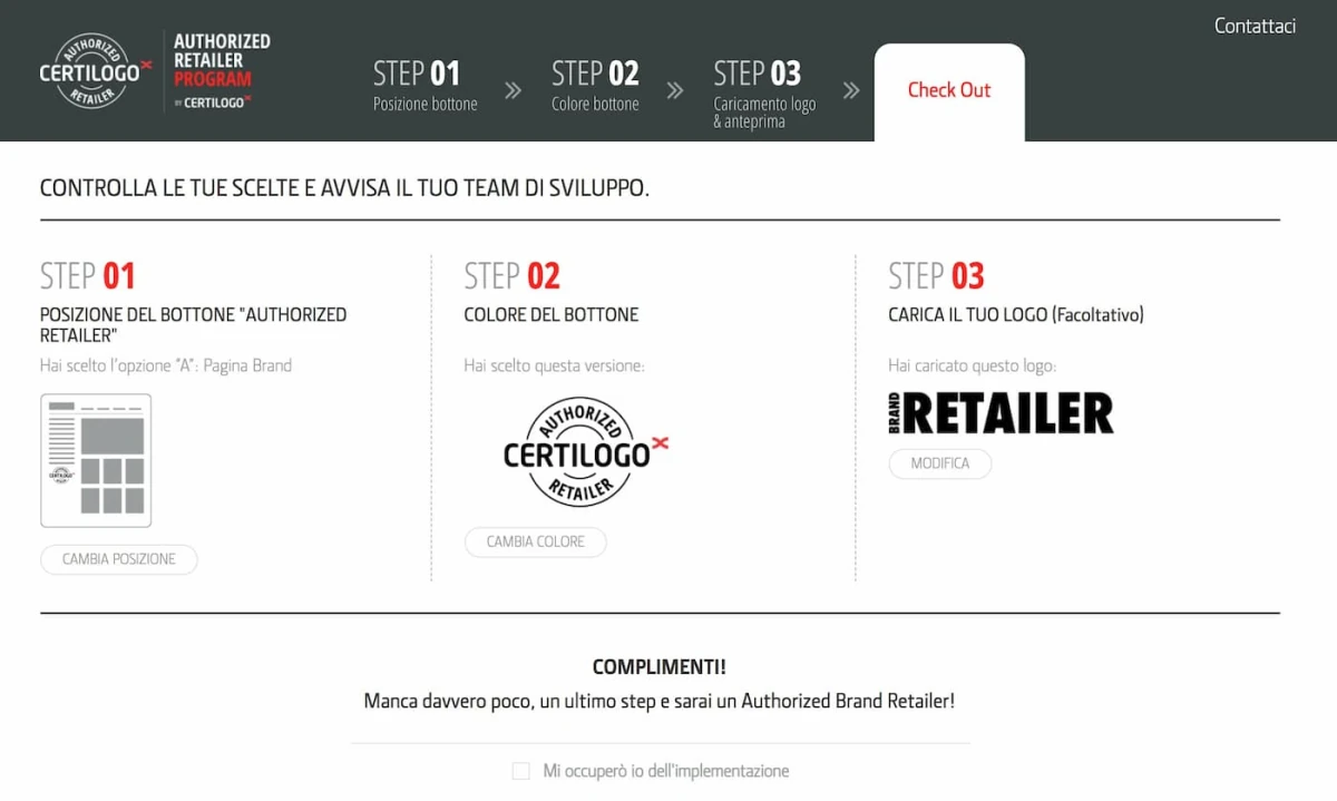 Certilogo wireframe checkout — review selections and notify development team