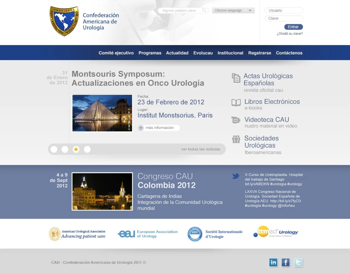 Confederación Americana de Urología homepage — news slider, intranet login, resource links, and partner logos