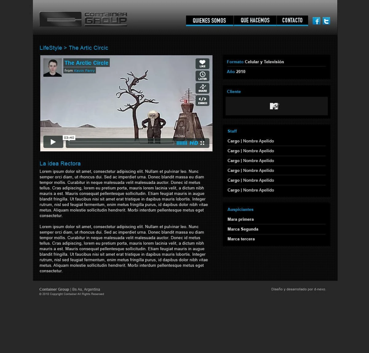 Container Group project detail — Vimeo embed, format metadata, staff, and sponsors sidebar