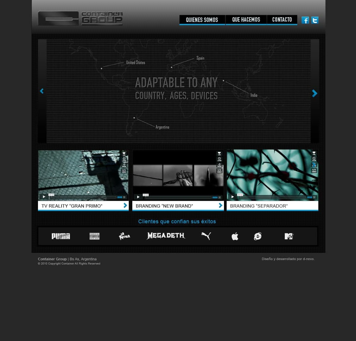Container Group homepage — world map slider, featured videos, and client logo bar