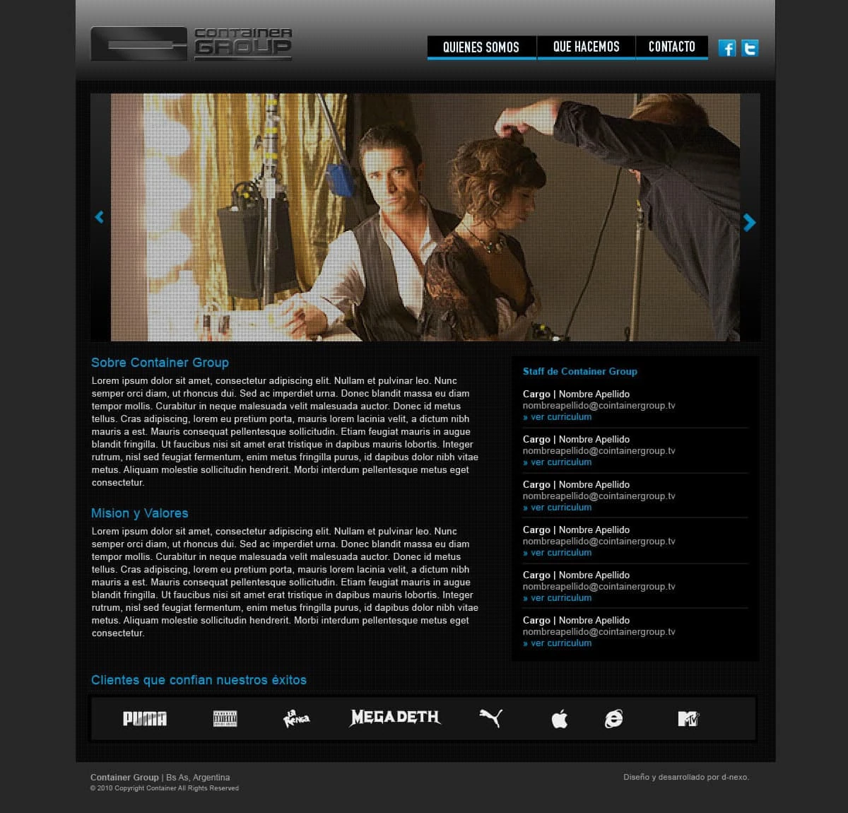 Container Group Quiénes somos — production slider, mission copy, and staff directory