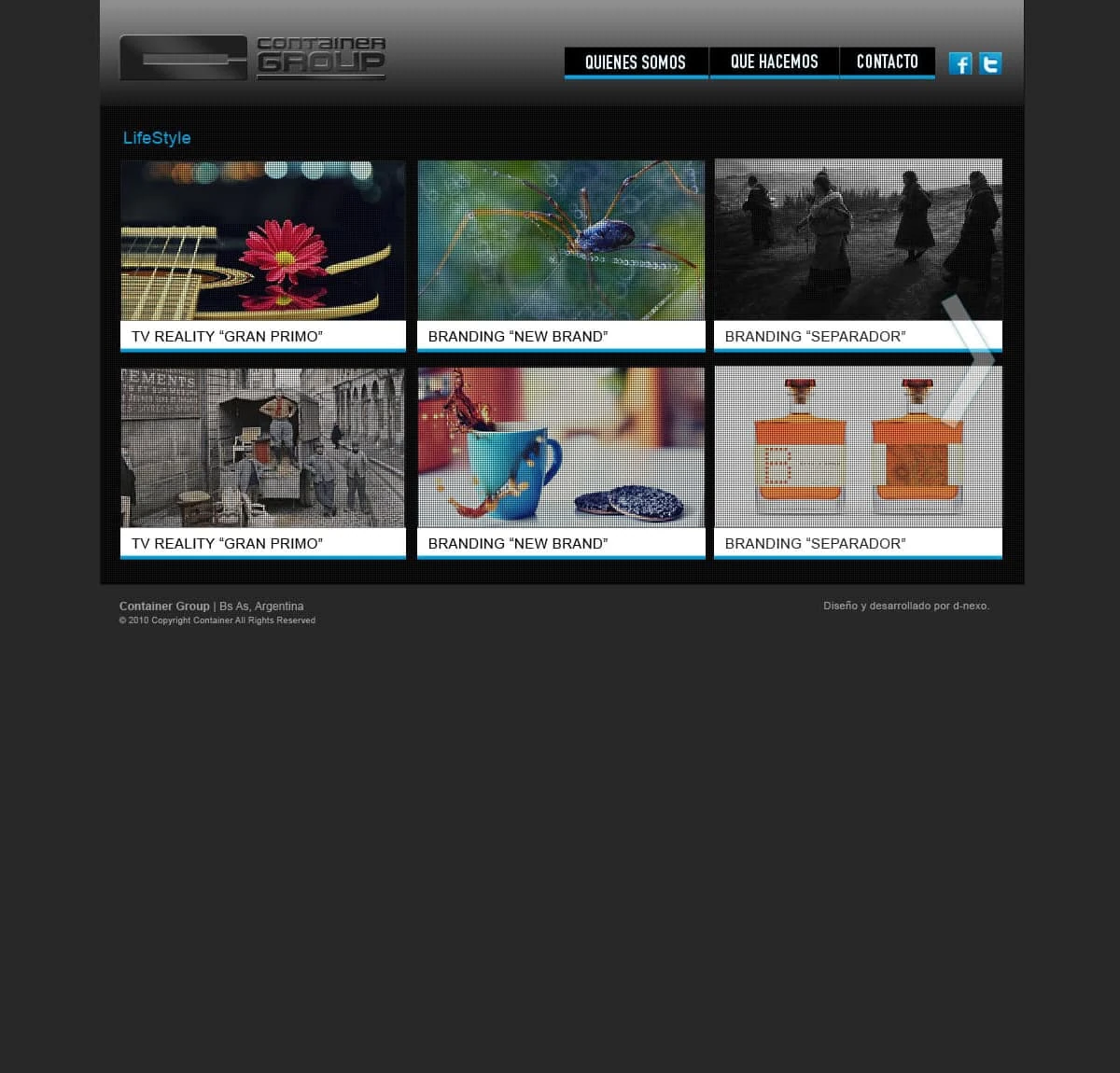 Container Group Lifestyle portfolio — six-project video grid with carousel navigation