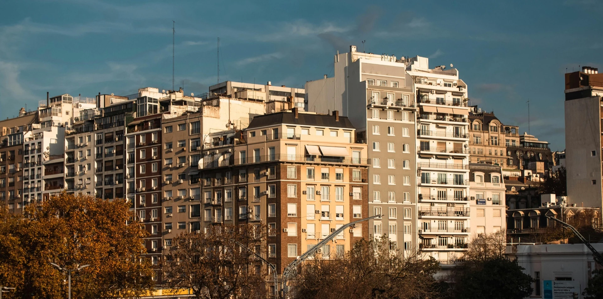 Panoramic view of Buenos Aires apartment buildings at golden hour