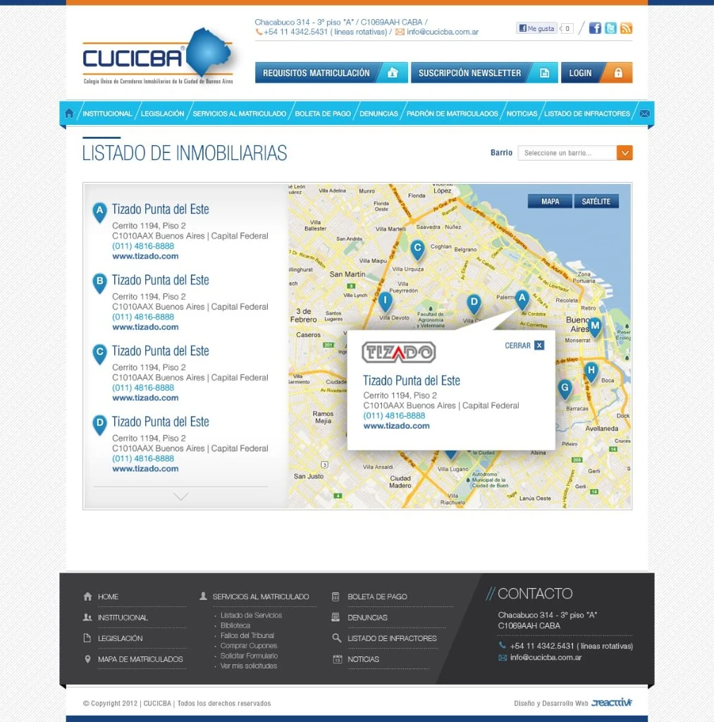 CUCICBA listado de inmobiliarias — map with geolocated agencies, neighborhood filter, and agency list