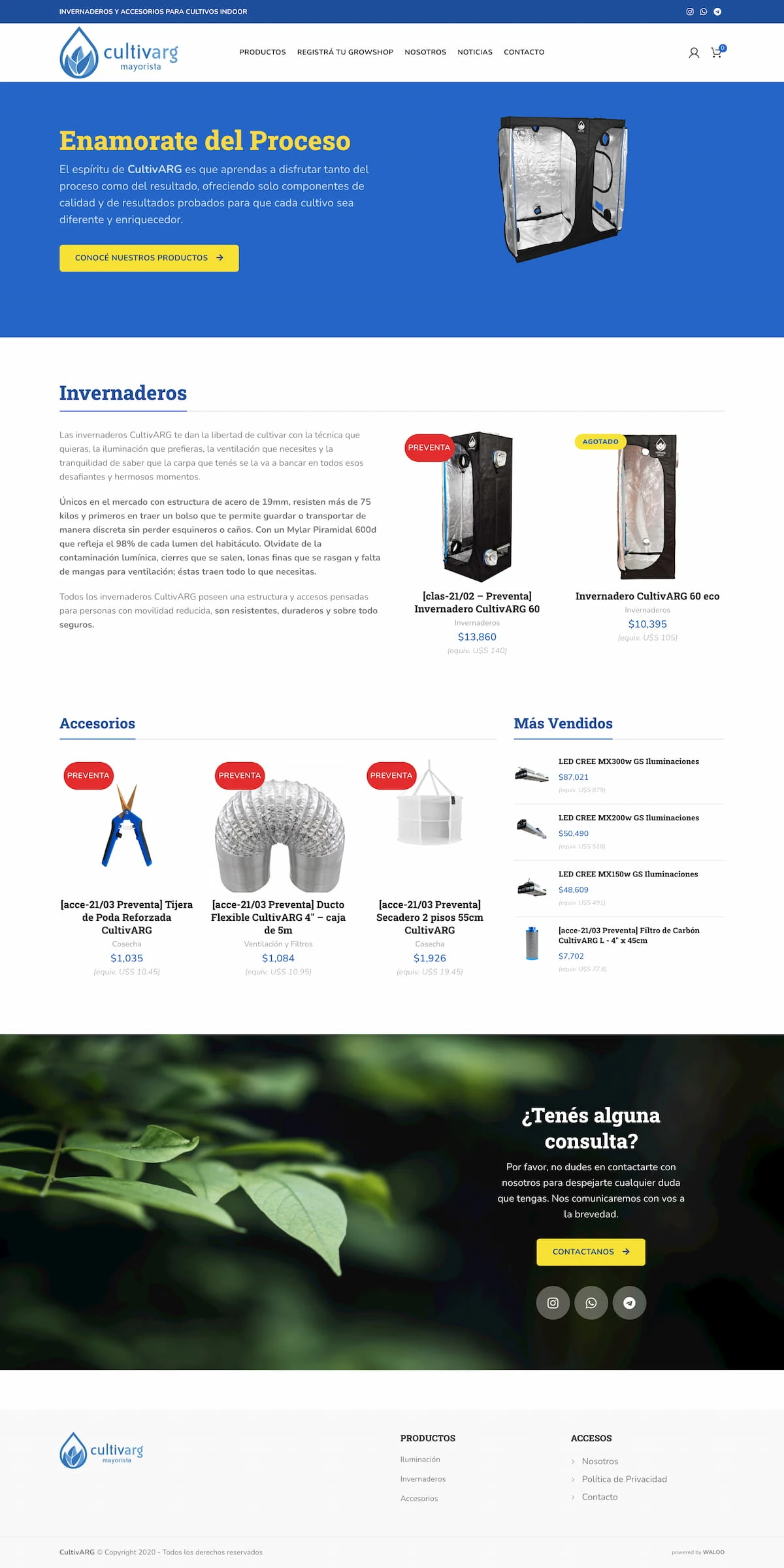 CultivARG mayorista homepage with hero, categories, and product highlights