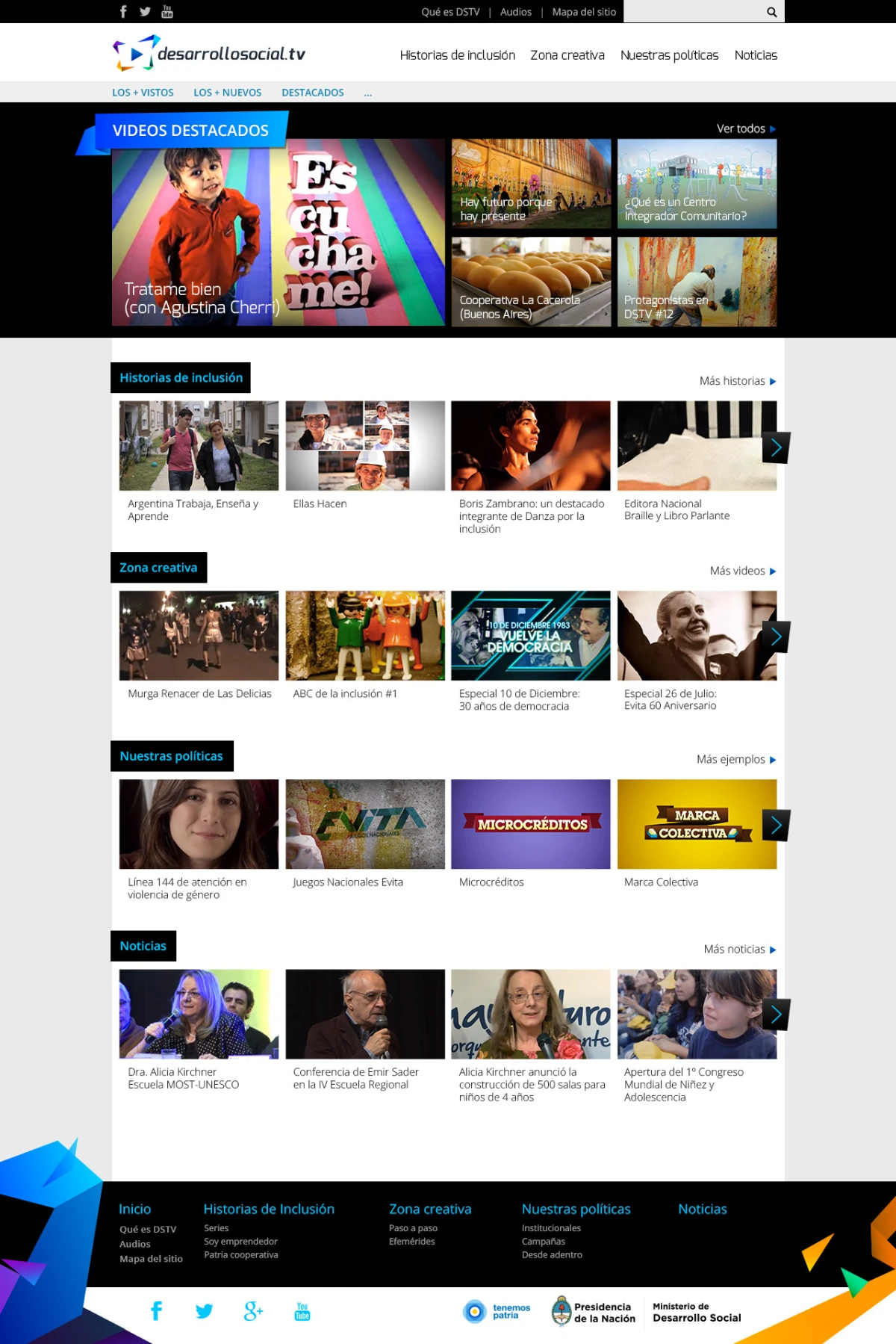 Desarrollo Social TV homepage — hero and category carousels