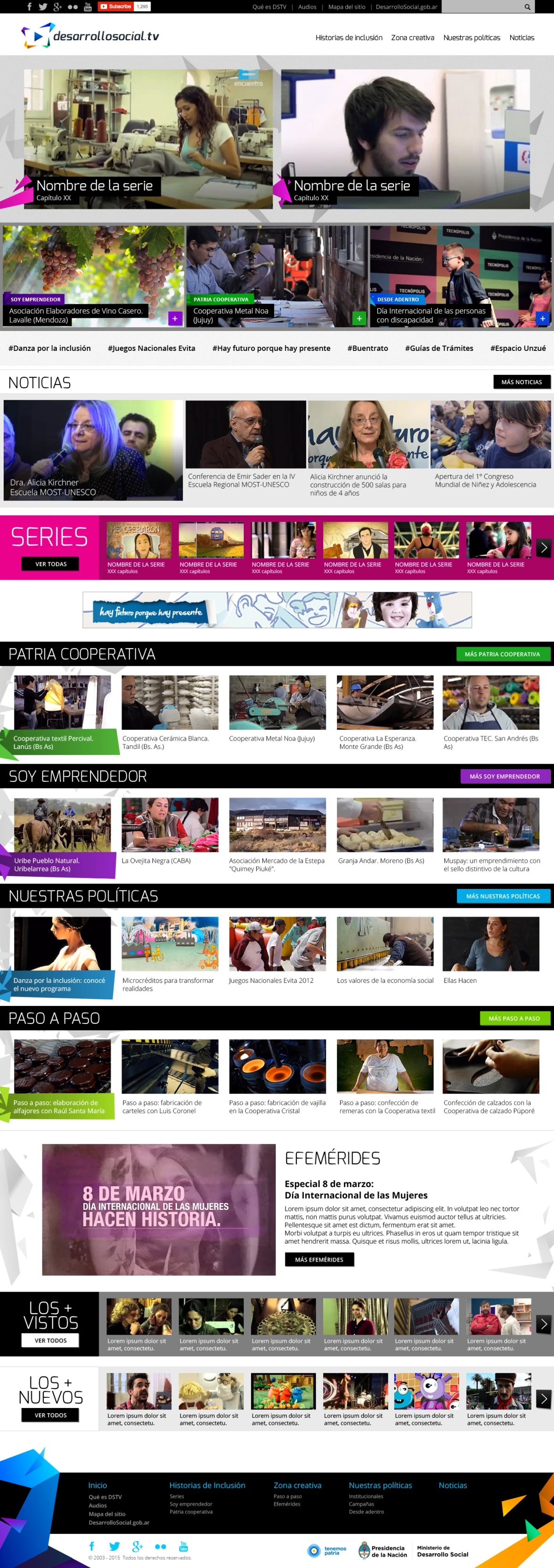 Desarrollo Social TV — featured videos grid and category modules