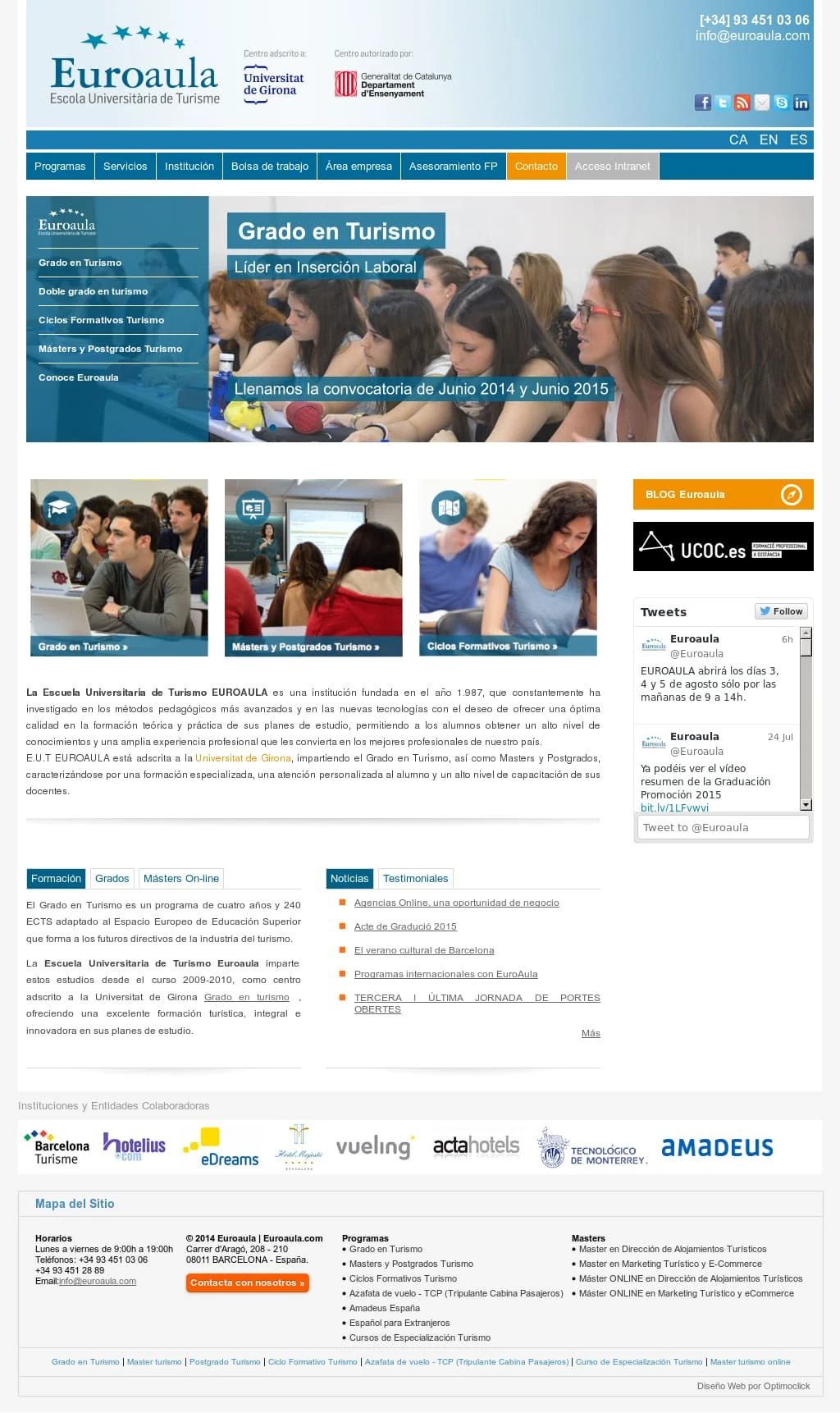 Euroaula homepage — program slider, degree categories, news tabs, and partner logos