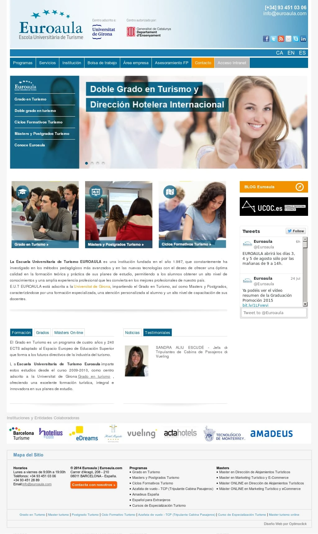 Euroaula program page — Doble Grado en Turismo y Dirección Hotelera with testimonials