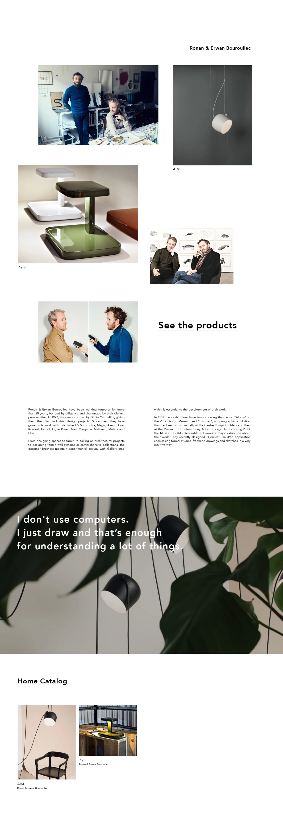 Flos designer page — Ronan and Erwan Bouroullec with home catalog