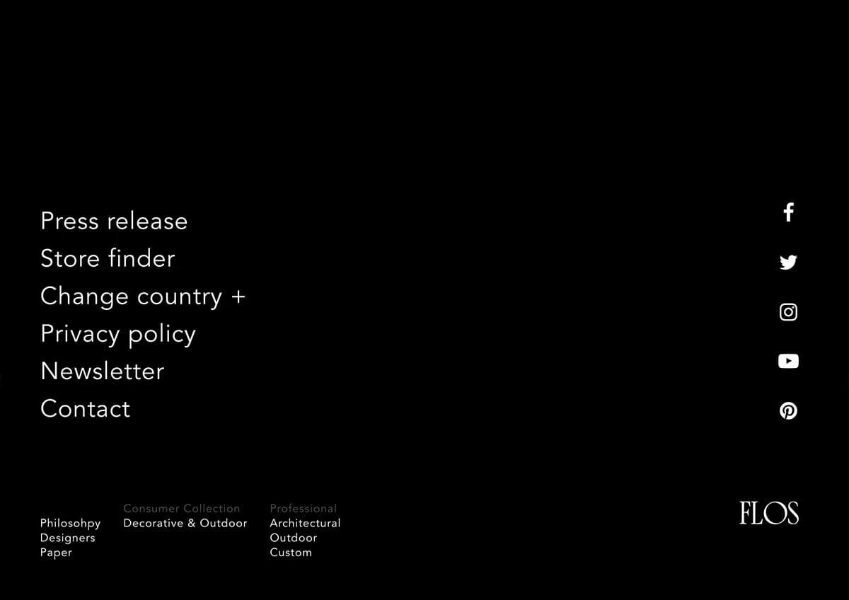 Flos full-screen navigation menu and footer links