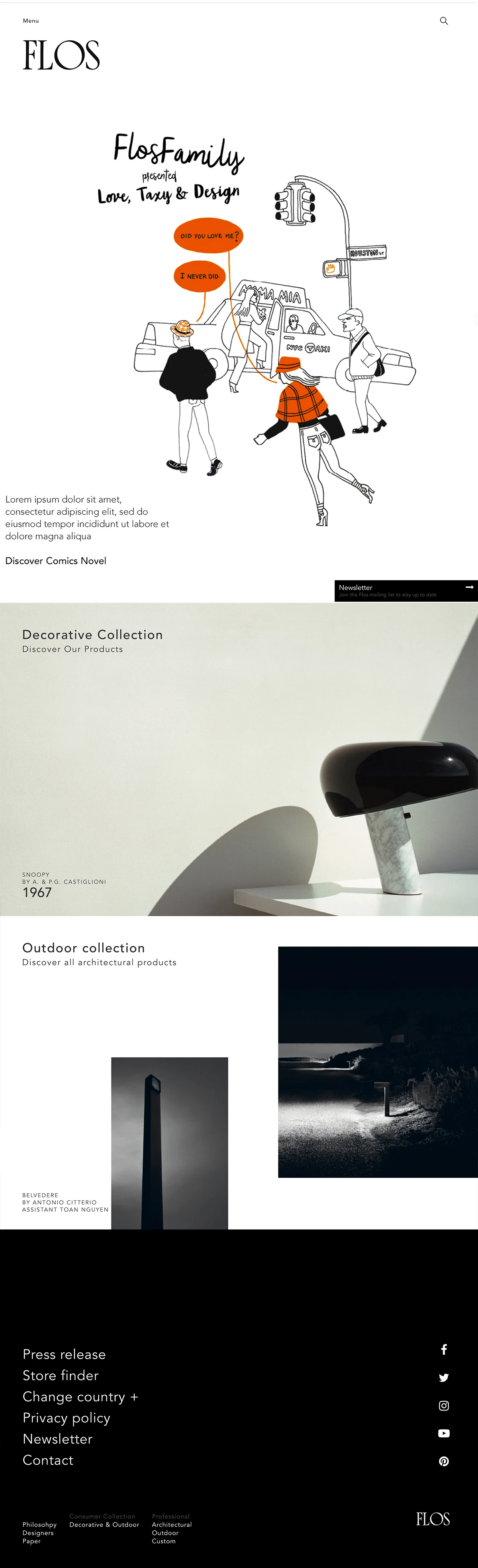 Flos desktop homepage with editorial grids and collections