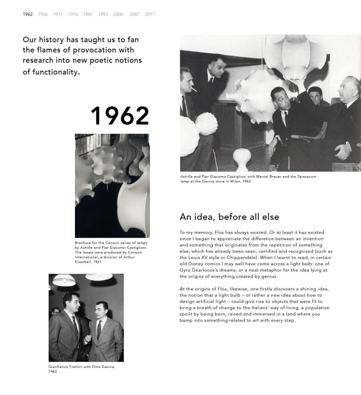 Flos interactive brand timeline — 1962 with archival photography
