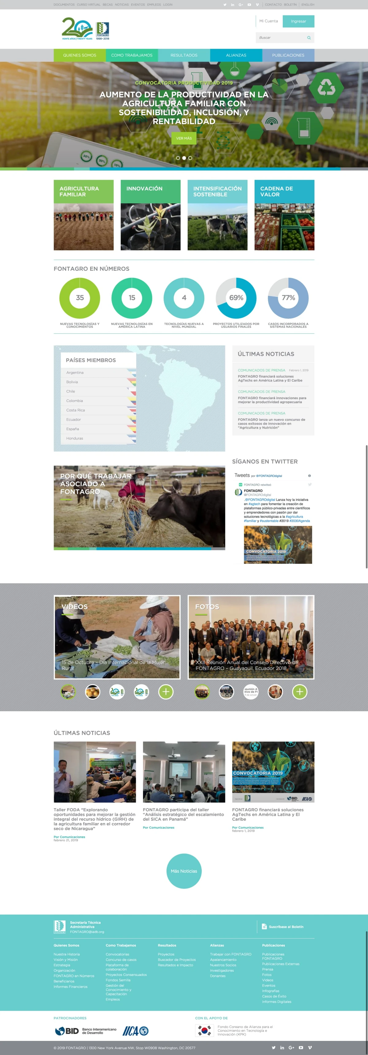 Fontagro homepage — hero slider, program navigation, member map, statistics, news, and video gallery