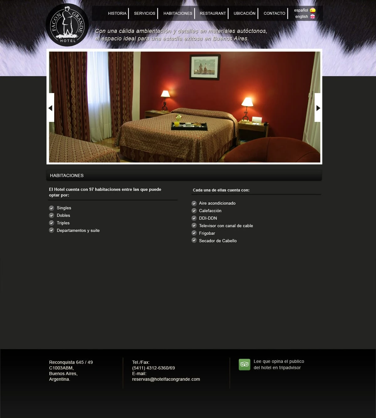 Hotel Facón Grande Habitaciones — room carousel and singles, doubles, triples, suites list