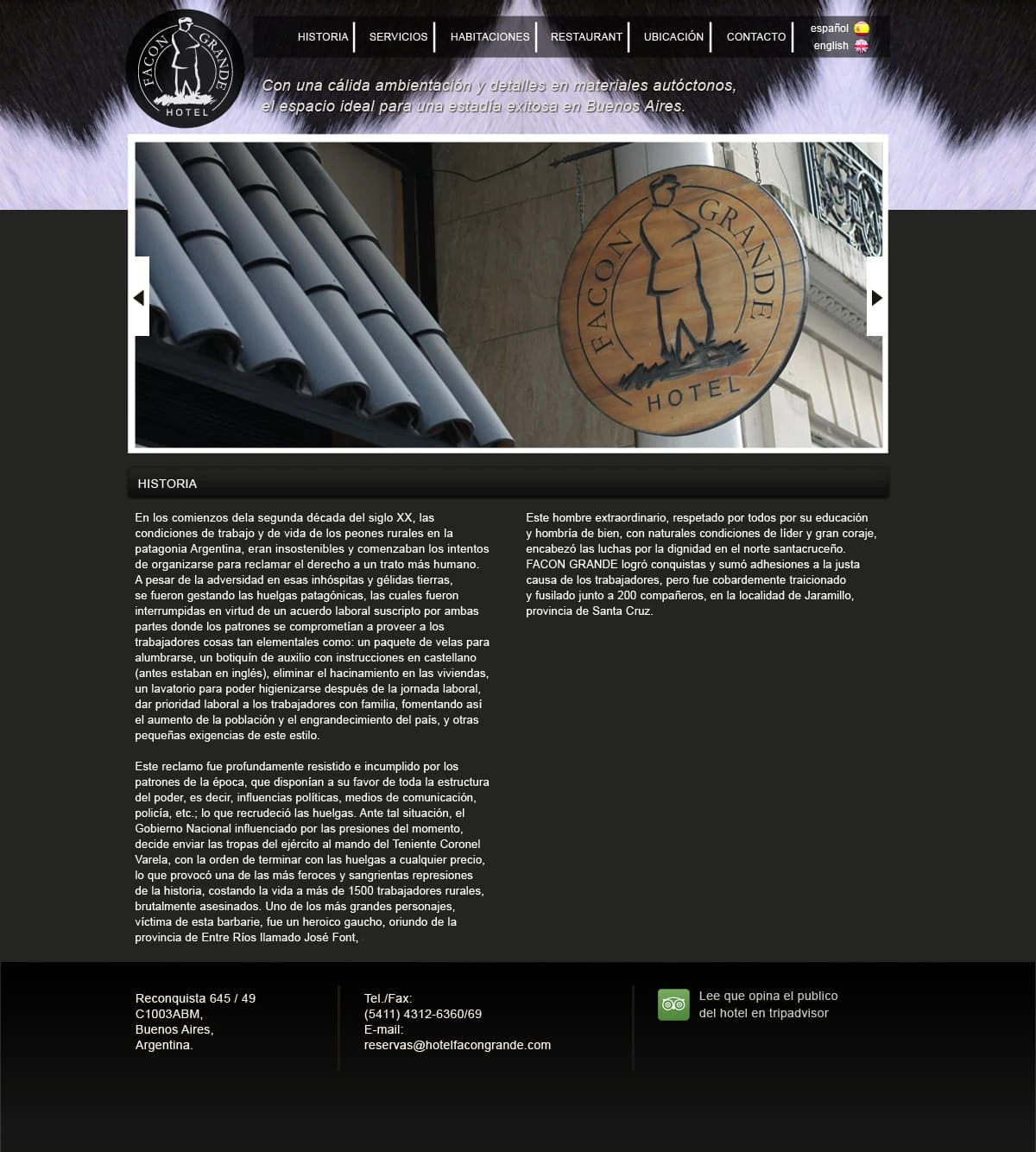 Hotel Facón Grande Historia — gaucho logo, carousel, and Patagonia strike heritage text