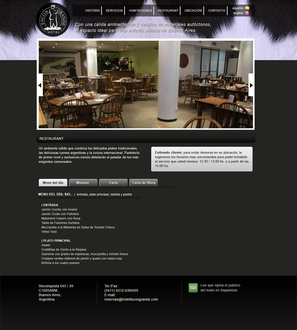 Hotel Facón Grande Restaurant — dining room carousel and tabbed daily menu