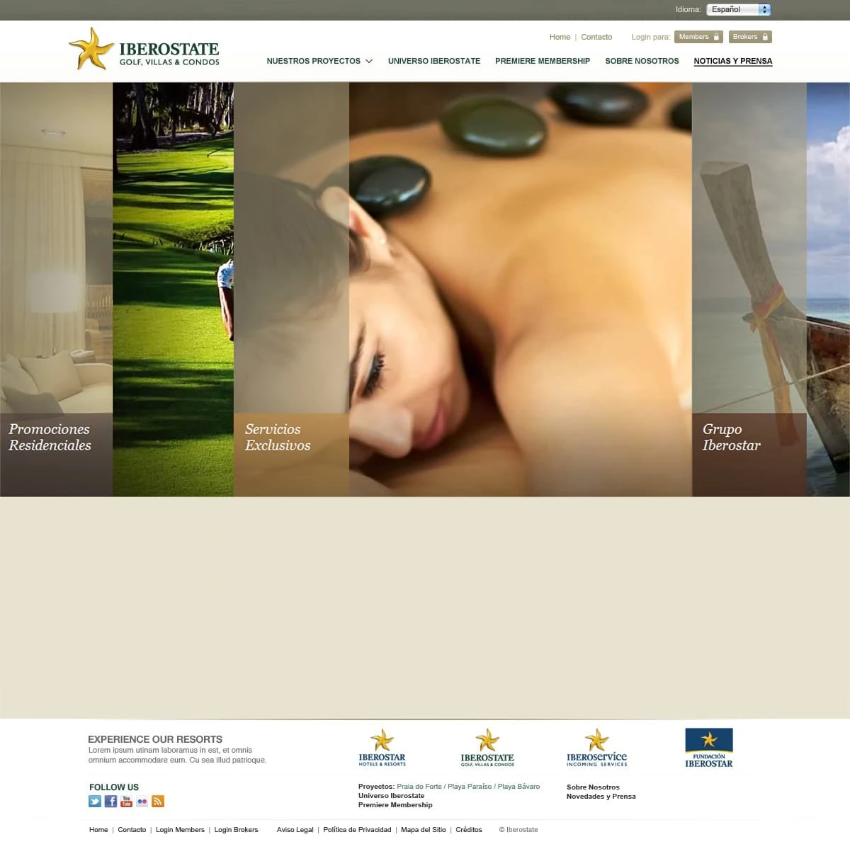 Iberostate homepage — horizontal accordion with resort, golf, and services panels