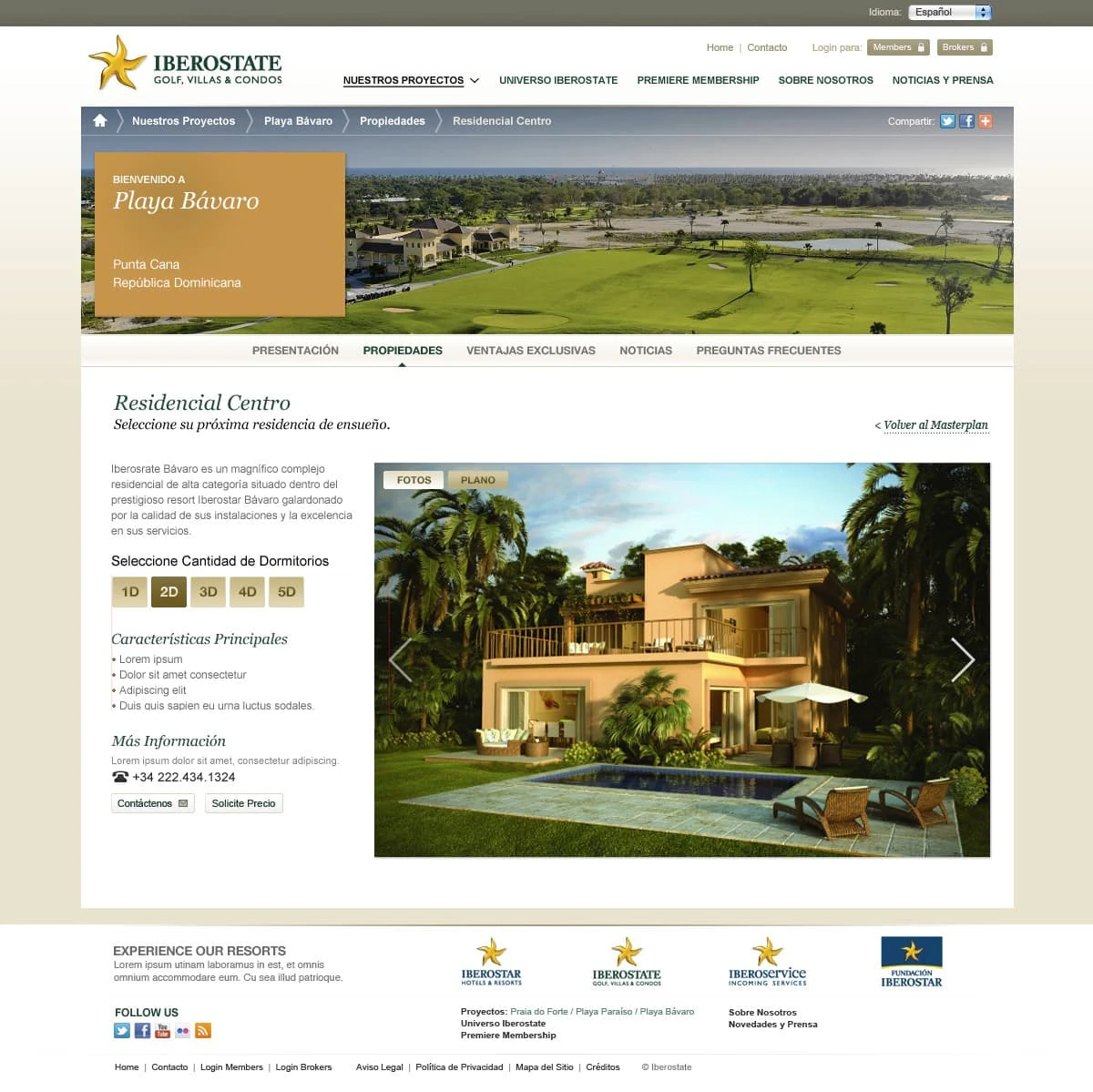 Iberostate Residencial Centro — bedroom selector, villa photo gallery, and contact CTAs