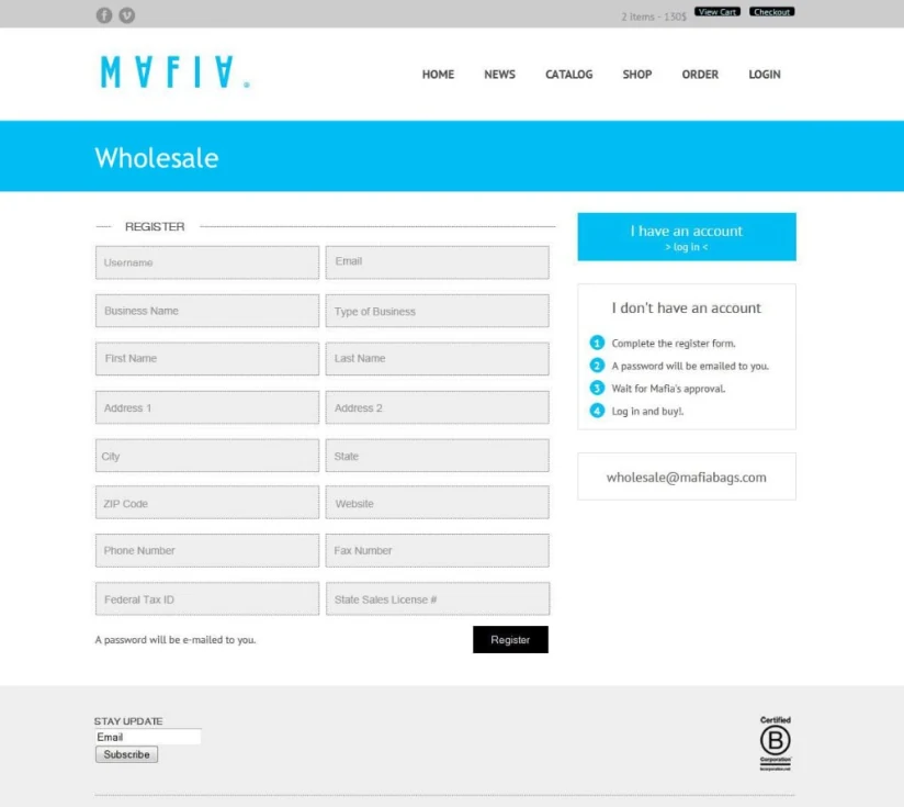 Mafia Bags wholesale registration form with business and tax fields