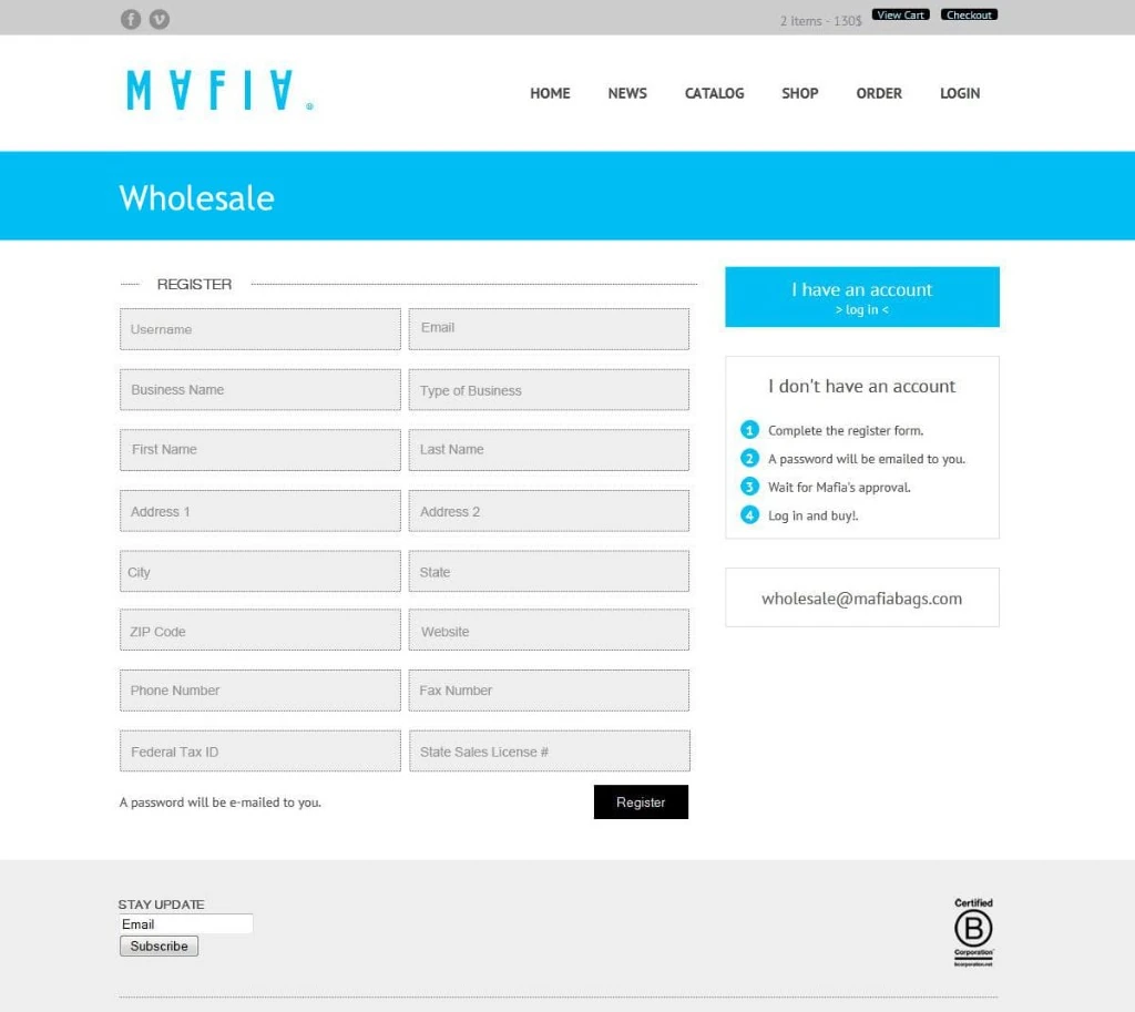 Mafia Bags wholesale registration form with business and tax fields