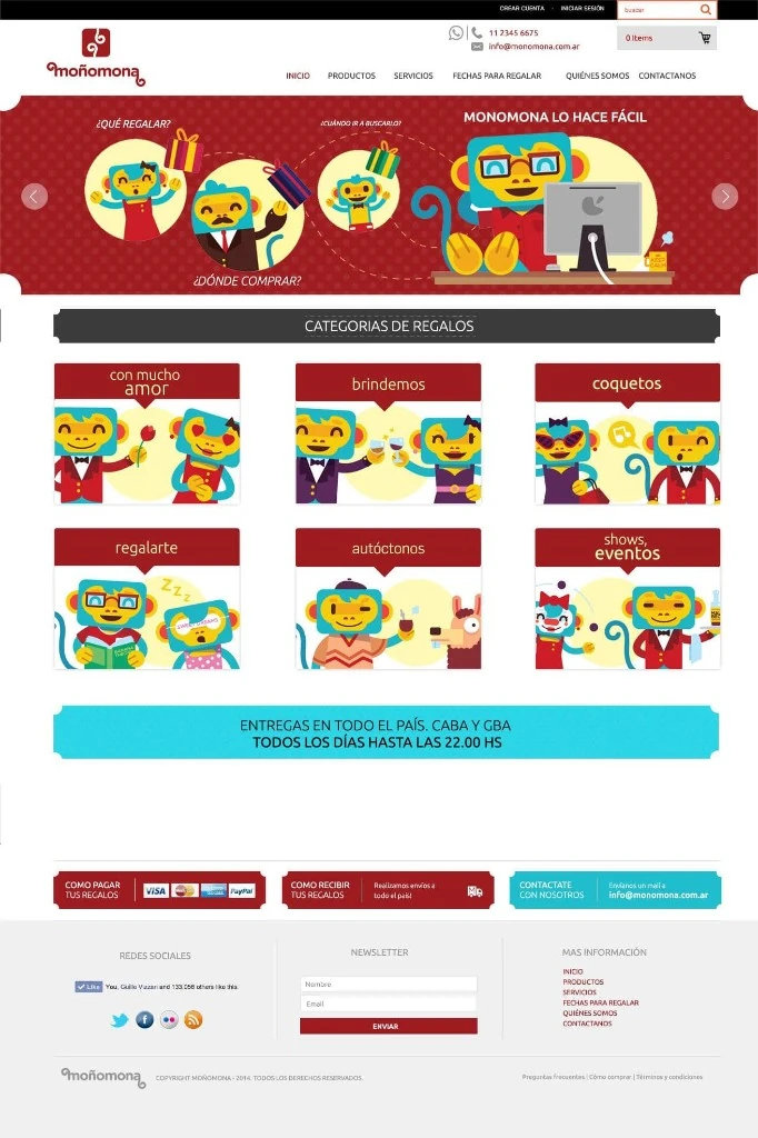 Moñomona homepage — hero slider, gift categories, and nationwide delivery banner
