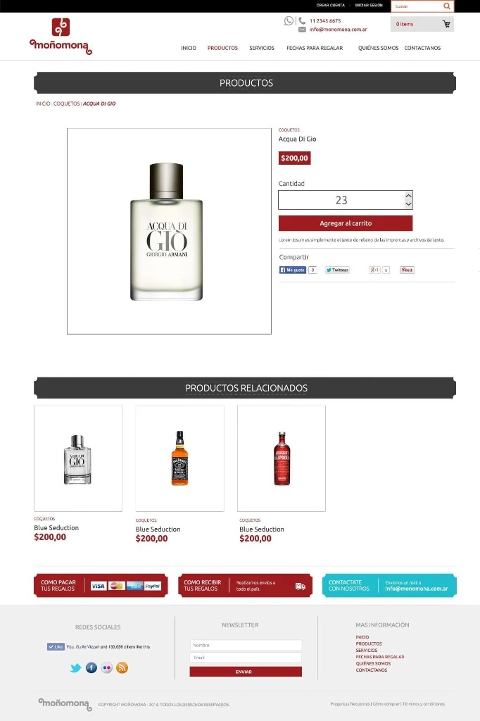 Moñomona product page — price, quantity, add to cart, and related products