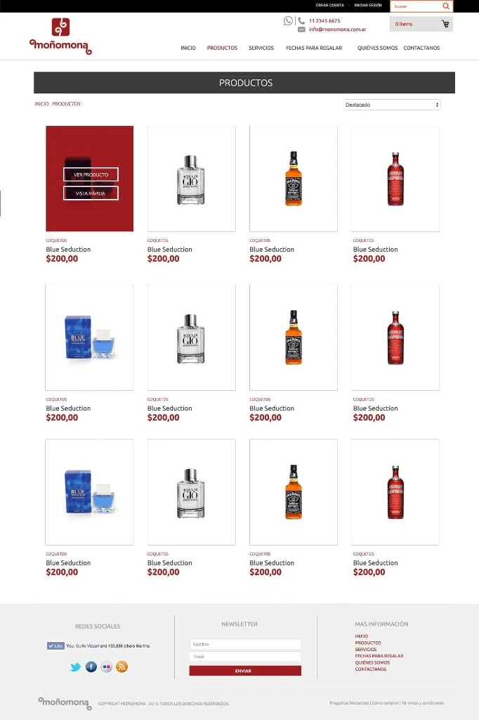 Moñomona product grid — categories, quick view, and featured sorting