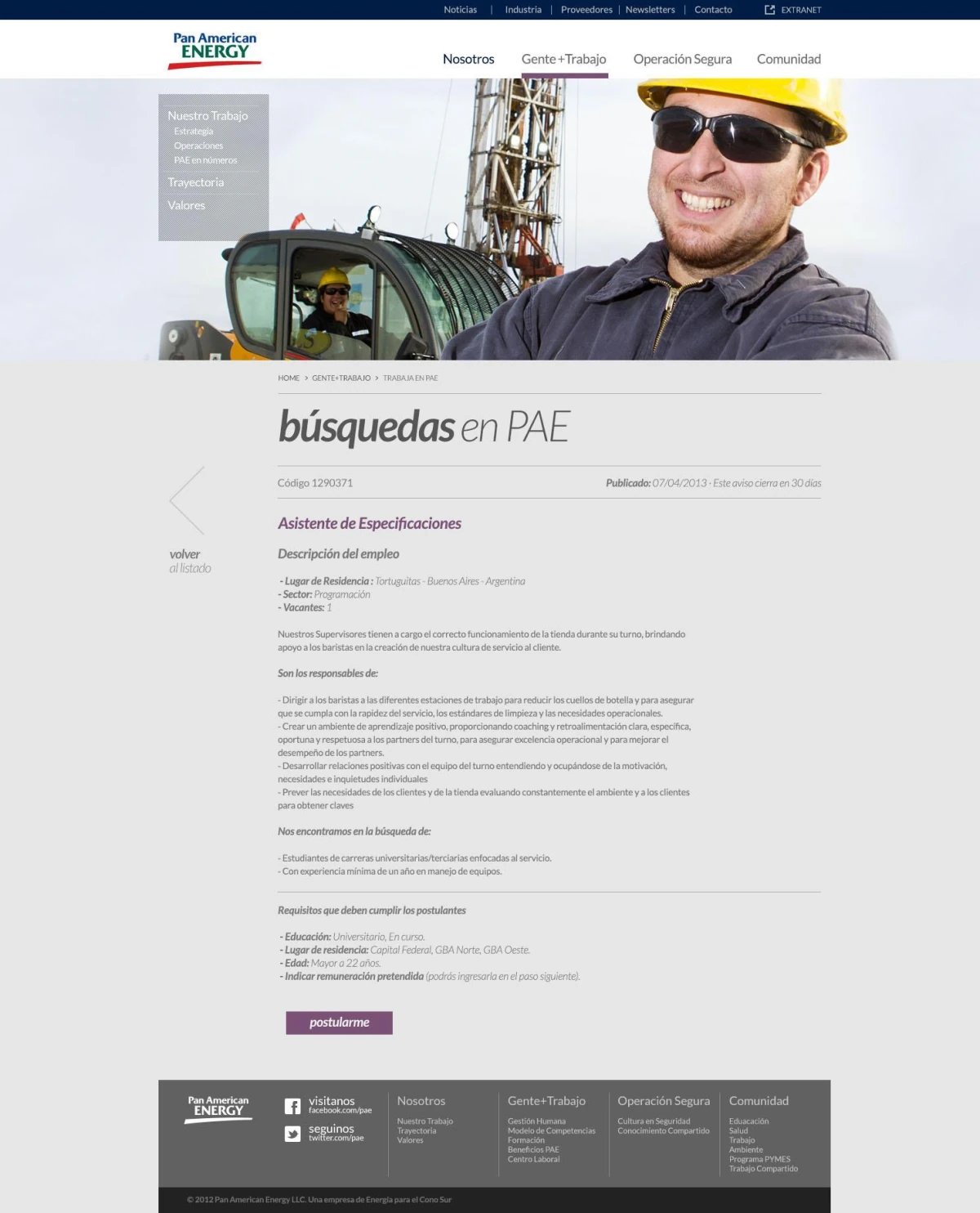 Pan American Energy Gente+Trabajo — CV registration form