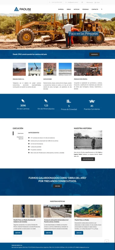 Paolini Hnos. homepage — hero slider, services columns, statistics bar, history, and news grid