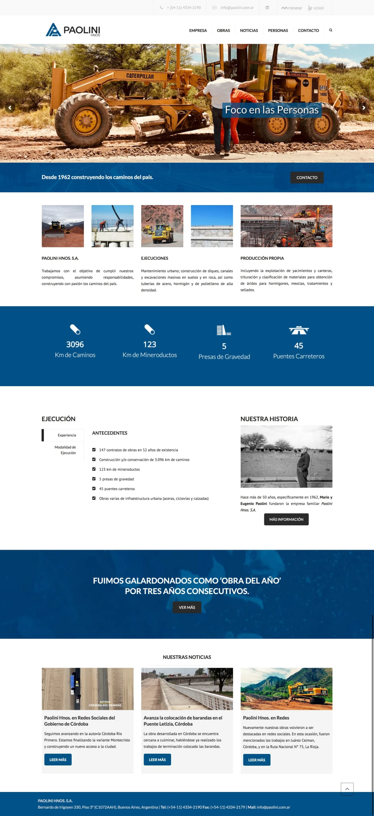 Paolini Hnos. homepage — hero slider, services columns, statistics bar, history, and news grid