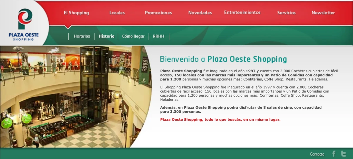 Plaza Oeste Shopping homepage — promotional grid with stores, events, and cinema