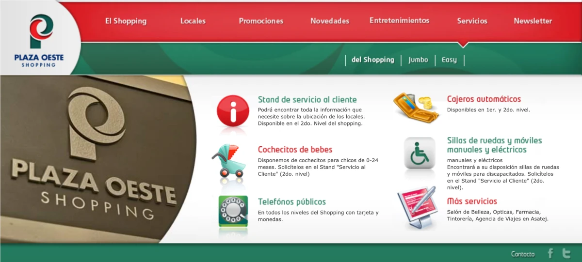 Plaza Oeste Shopping services — customer desk, strollers, ATMs, and wheelchair access