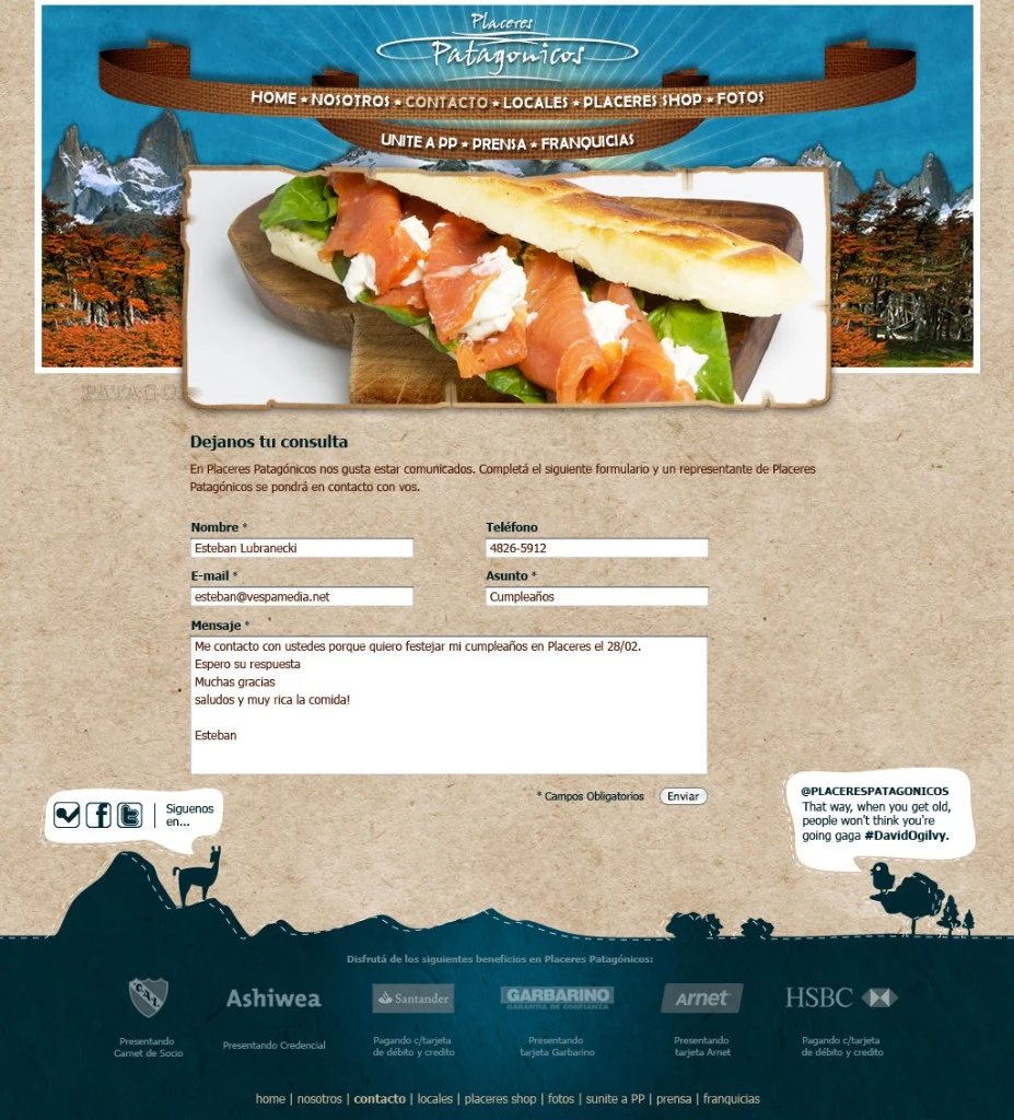 Placeres Patagónicos contact form on parchment background
