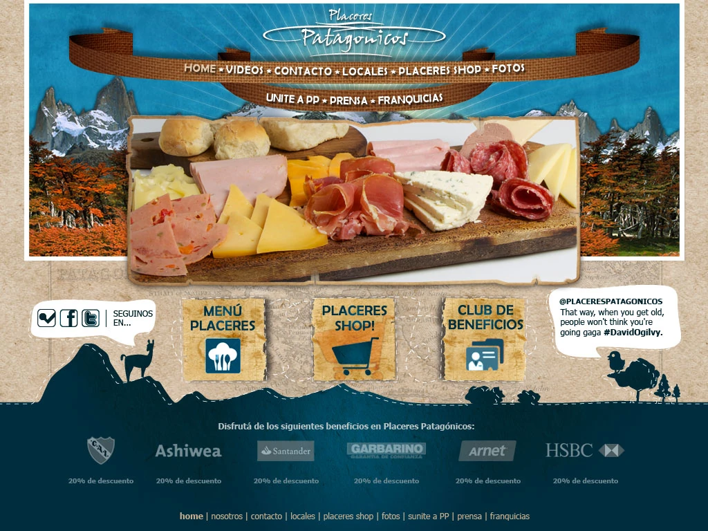 Placeres Patagónicos homepage — mountain header, hero slider, and partner benefits