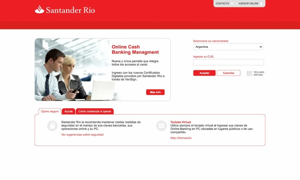 Santander Río login — nationality, CUIL, virtual keyboard, and security tabs